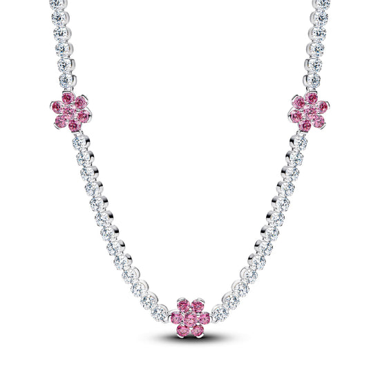 Collana girocollo Pandora in argento con fiori zirconi rosa MISURA UNICA