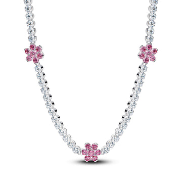 Collana girocollo Pandora in argento con fiori zirconi rosa MISURA UNICA