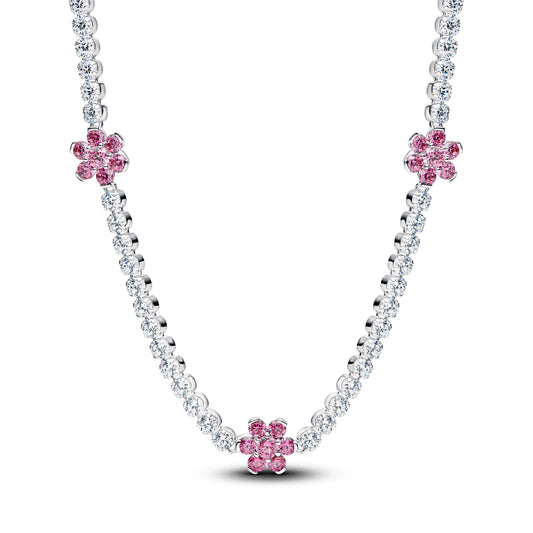 Collana girocollo Pandora in argento con fiori zirconi rosa MISURA UNICA