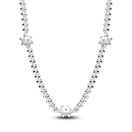 Collana girocollo Pandora in argento con fiori zirconi rosa MISURA UNICA