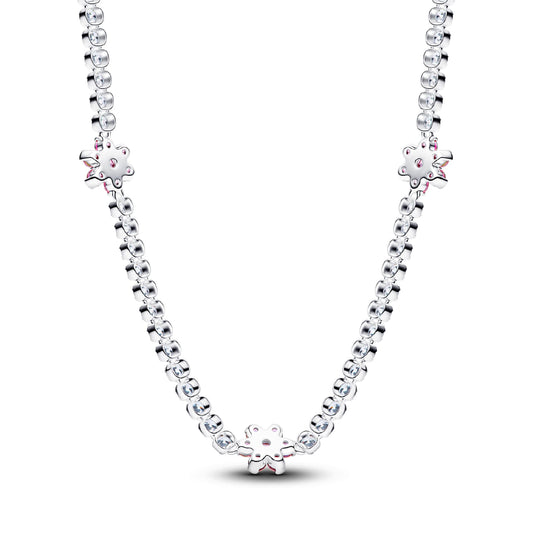 Collana girocollo Pandora in argento con fiori zirconi rosa MISURA UNICA