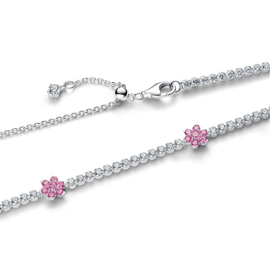 Collana girocollo Pandora in argento con fiori zirconi rosa MISURA UNICA