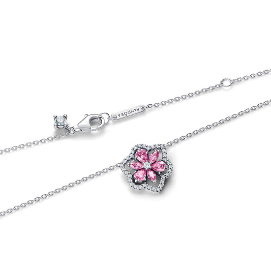 Collana Pandora in argento sterling con fiore rosa zirconi MISURA UNICA