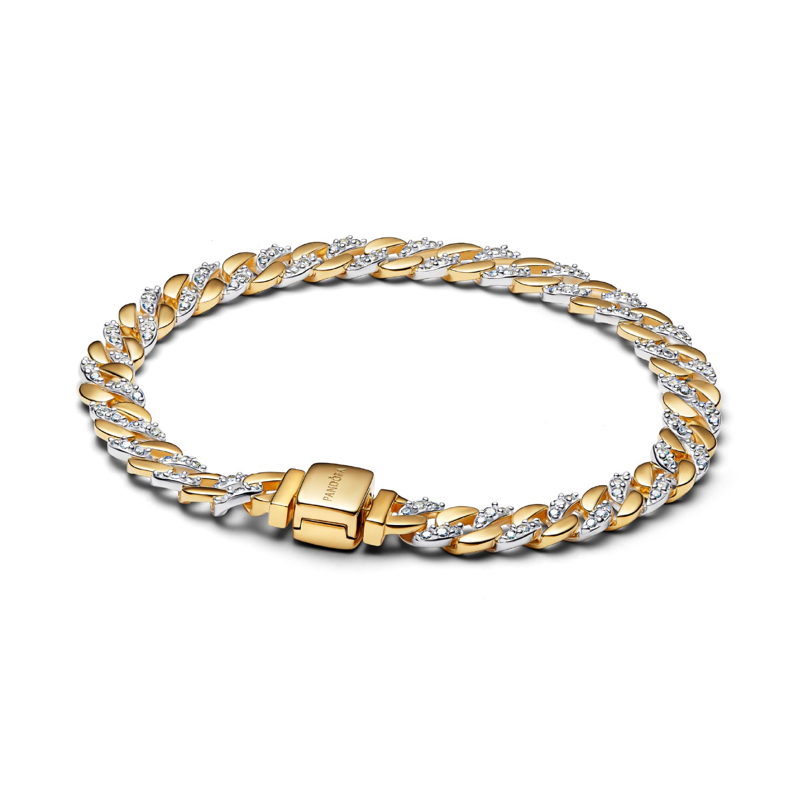 Bracciale catena Pandora maglia cubana argento bicolor e pavé 16 cm