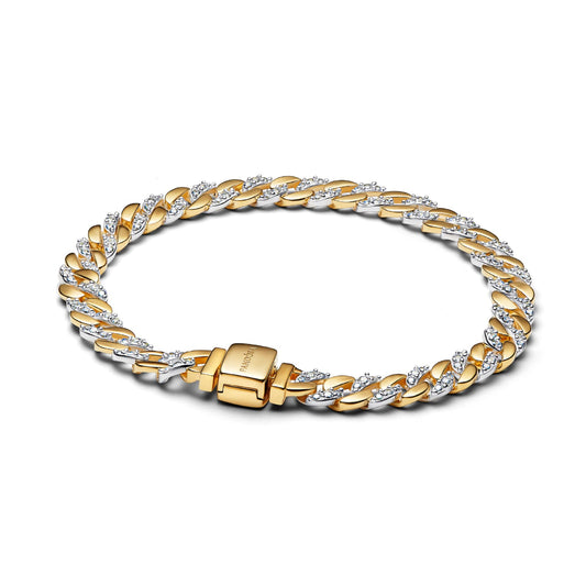 Bracciale catena Pandora maglia cubana argento bicolor e pavé 16 cm