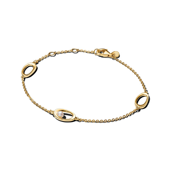 Bracciale Pandora in argento dorato con elementi ovali e perla 18 cm