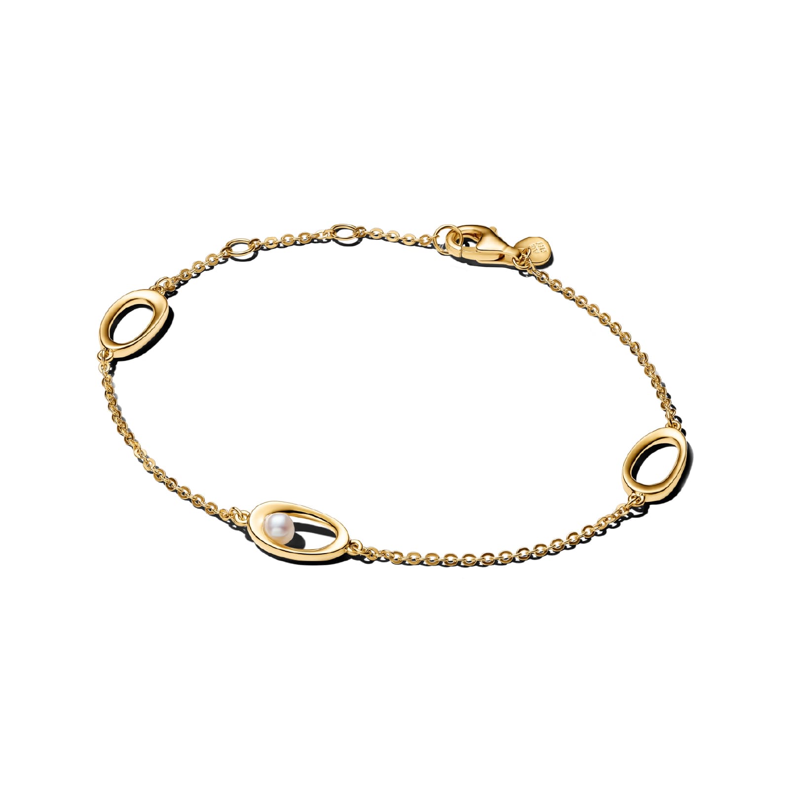 Bracciale Pandora in argento dorato con elementi ovali e perla 18 cm