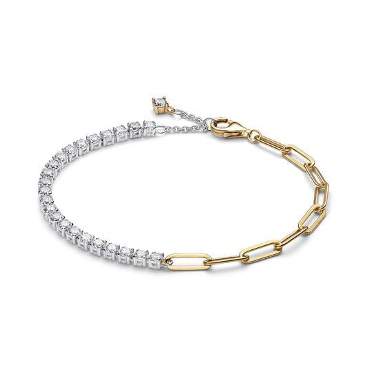 Bracciale Pandora in argento bicolore con maglia link e zirconi 18 cm