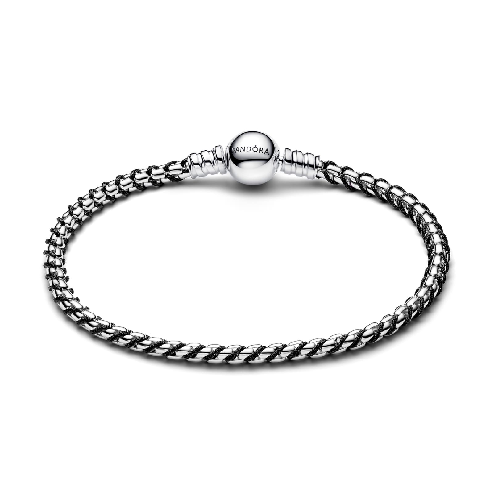 Bracciale Pandora in argento e tessuto intrecciato nero 17 cm