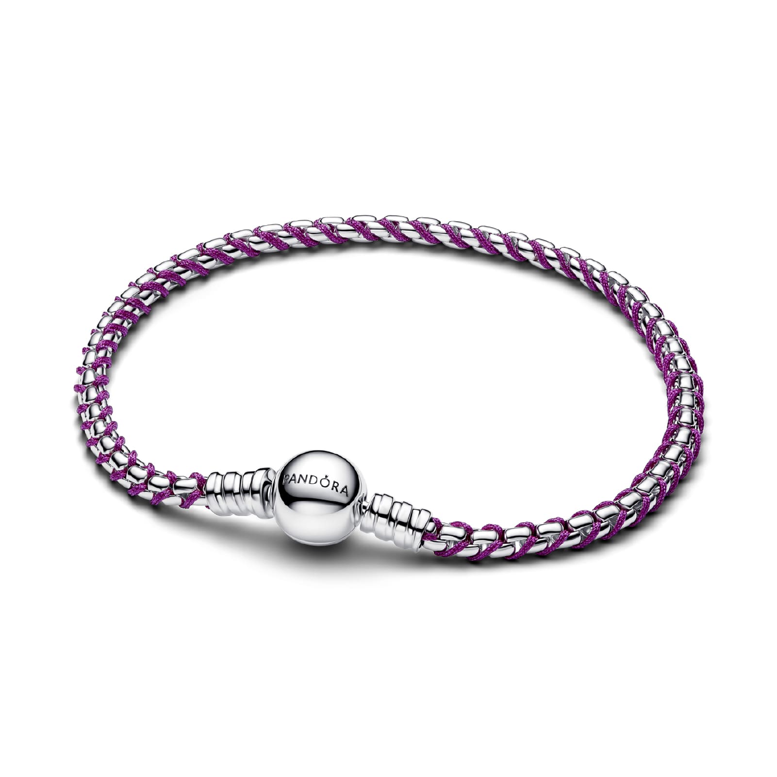 Bracciale Pandora in argento e tessuto intrecciato viola 17 cm