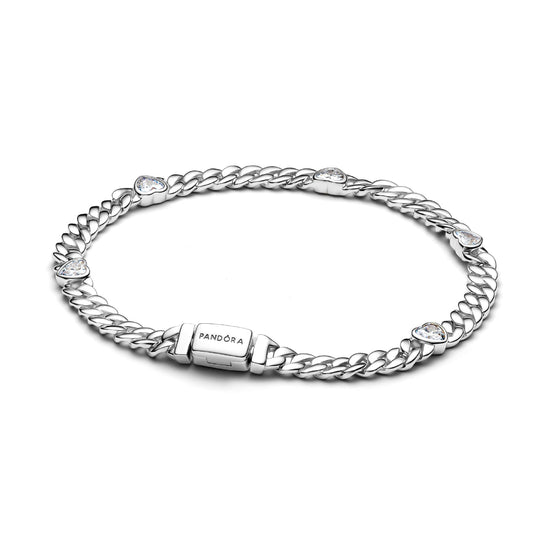 Bracciale catena Pandora maglia cubana in argento con cuori 16 cm