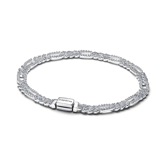 Bracciale Pandora maglia cubana in argento e pavé con ovali 16 cm