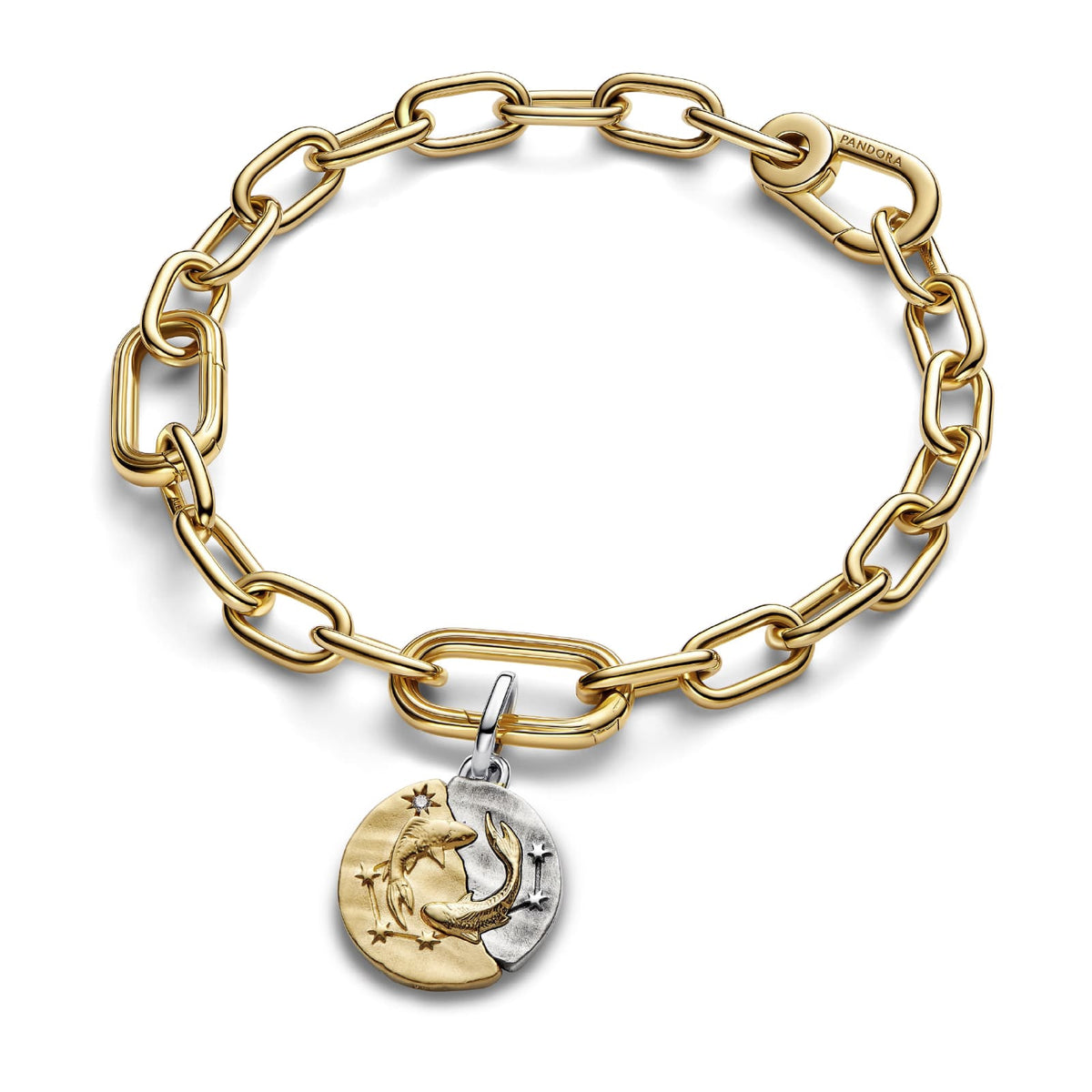 Charm Pandora Medallion in argento bicolore e simbolo Pesci MISURA UNICA