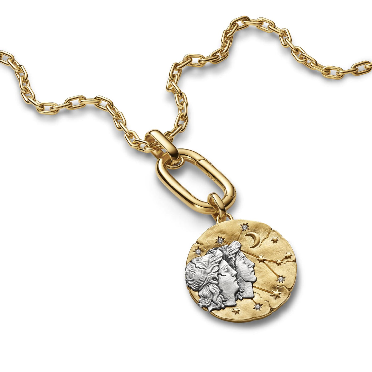 Charm Pandora Medallion XL in argento dorato simbolo Gemelli MISURA UNICA