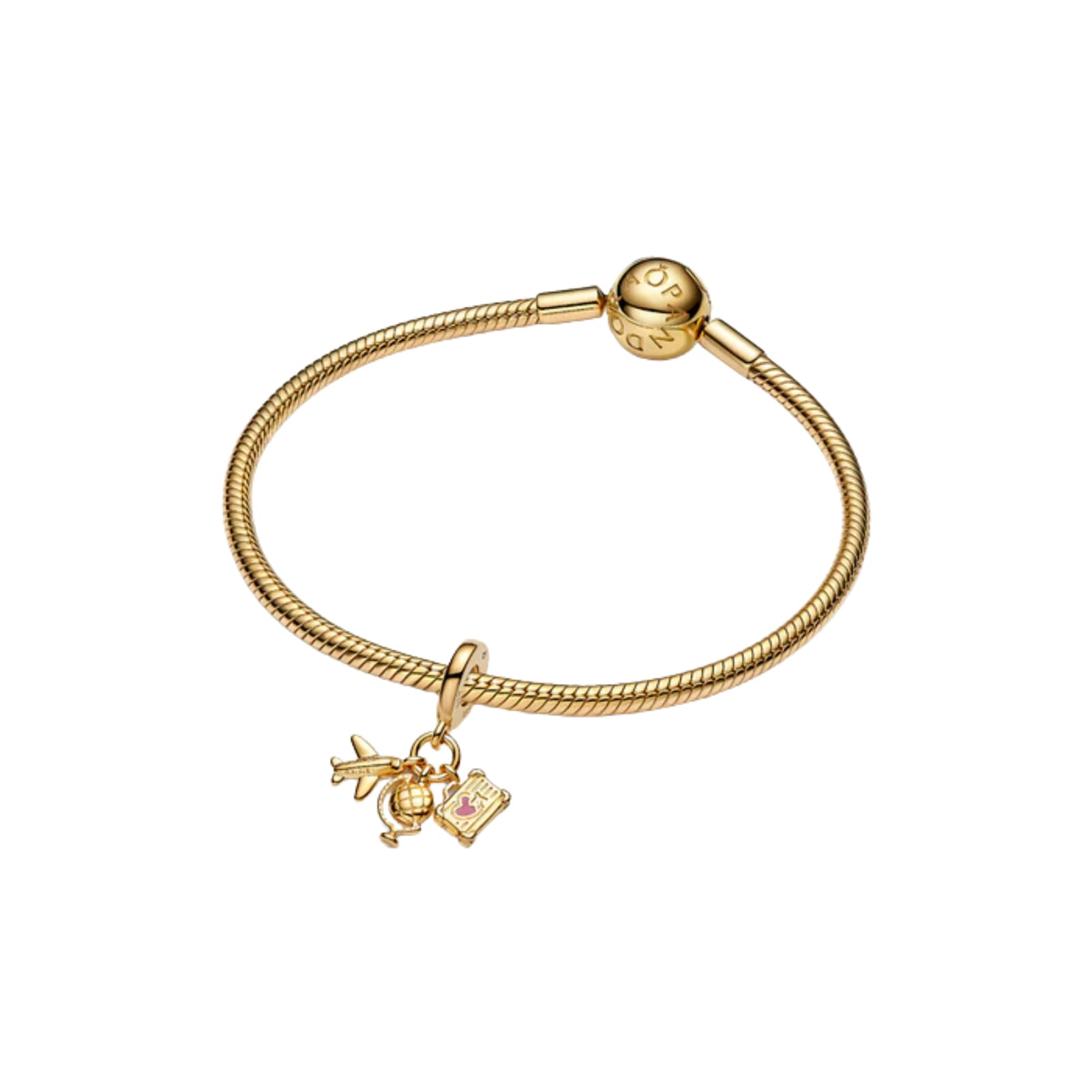 Charm pendente Pandora dorato con tre simboli viaggio MISURA UNICA