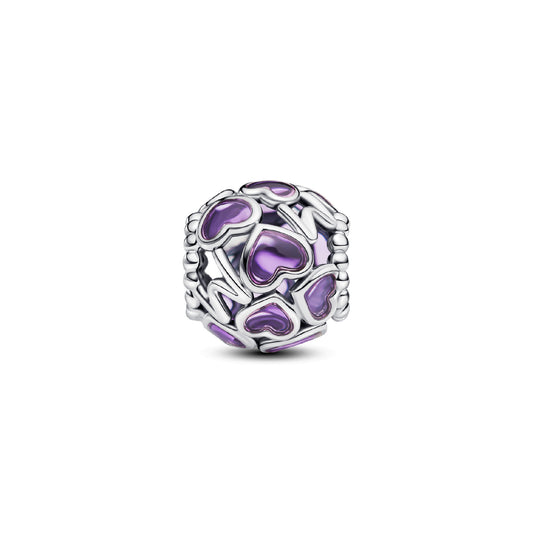 Charm Pandora argento e smalto viola con cuori e scritta MOM MISURA UNICA