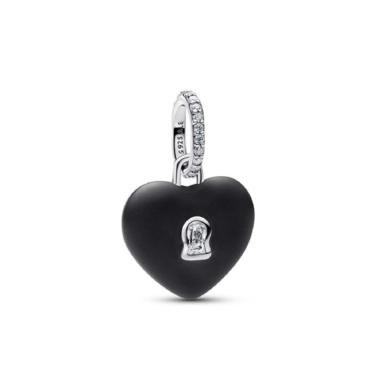 Charm Pandora in argento con cuore nero opaco e zircone MISURA UNICA