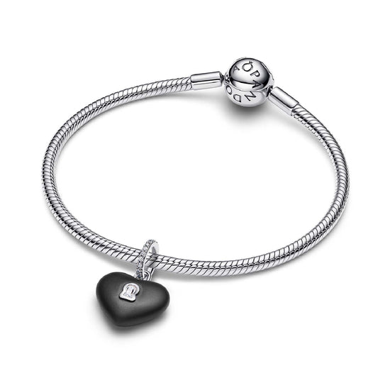 Charm Pandora in argento con cuore nero opaco e zircone MISURA UNICA