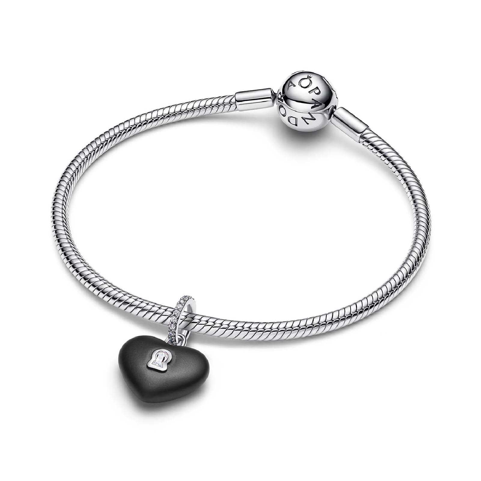 Charm Pandora in argento con cuore nero opaco e zircone MISURA UNICA