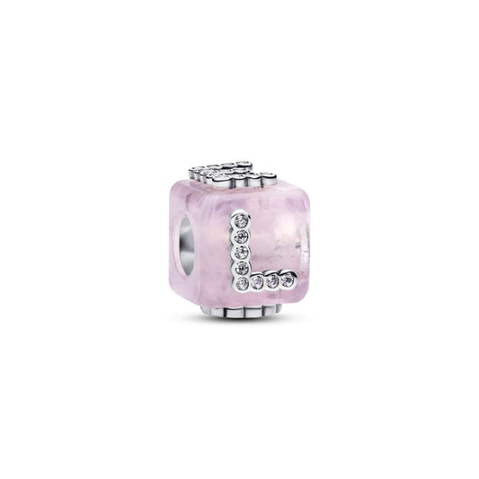 Charm Pandora con cubo in vetro di Murano rosa e scritta love MISURA UNICA