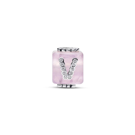 Charm Pandora con cubo in vetro di Murano rosa e scritta love MISURA UNICA