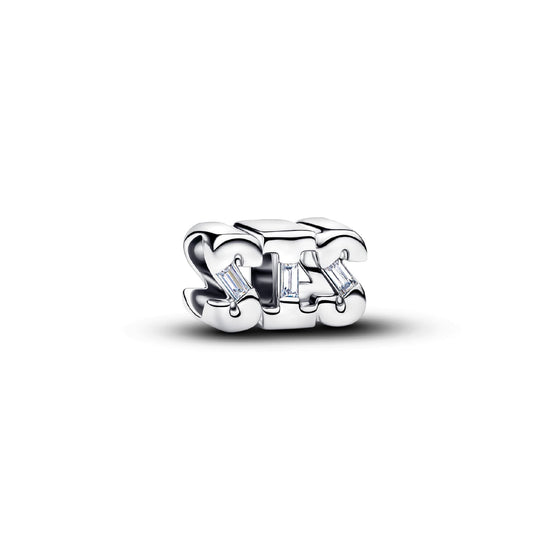 Charm Pandora in argento sterling con scritta SIS e zirconi MISURA UNICA