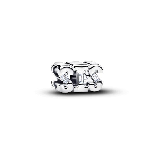 Charm Pandora in argento sterling con scritta SIS e zirconi MISURA UNICA