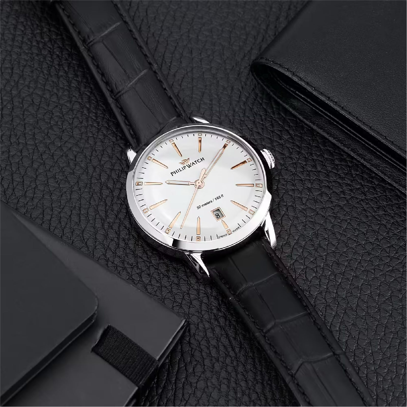 Orologio solo tempo Philip Watch in acciaio e pelle nera MISURA UNICA