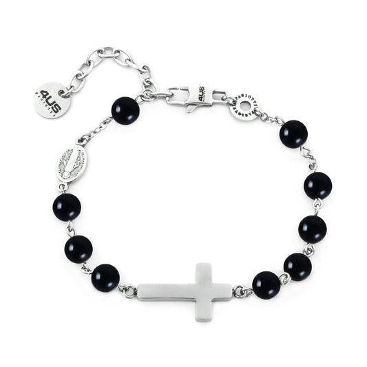 Bracciale rosario da uomo Paciotti 4US in acciaio con onice Regolabile 18,5-22,5 cm