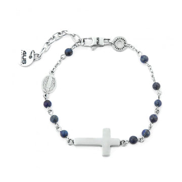 Bracciale rosario Paciotti 4US in acciaio con croce e lapis blu Regolabile 18-22 cm