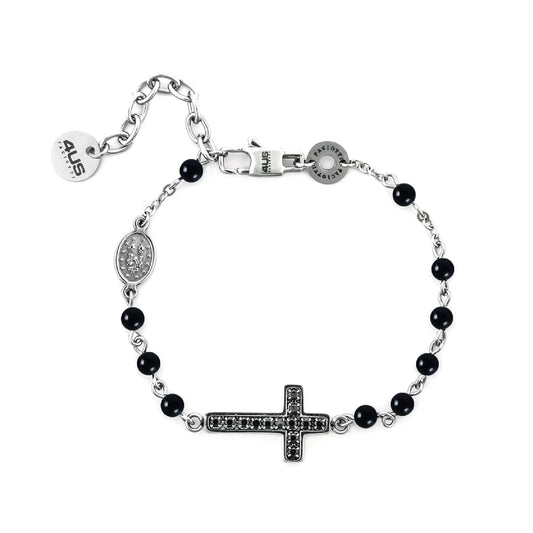 Bracciale rosario uomo Paciotti 4US acciaio onice e zirconi Regolabile 18,5-22,5 cm