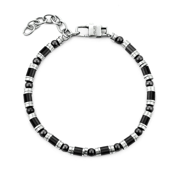 Bracciale uomo Paciotti 4US in acciaio con tubini e sfere neri Regolabile 18-22 cm
