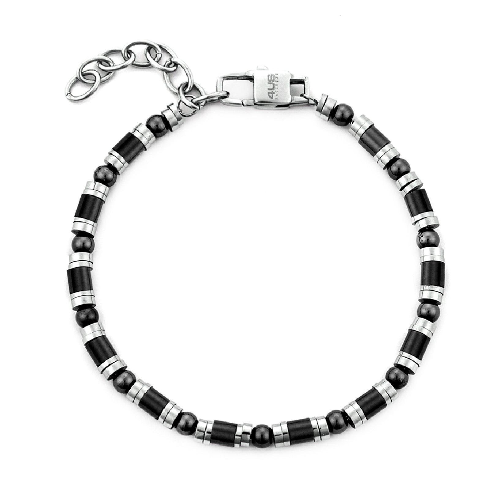 Bracciale uomo Paciotti 4US in acciaio con tubini e sfere neri Regolabile 18-22 cm