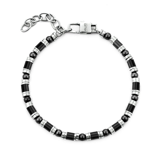 Bracciale uomo Paciotti 4US in acciaio con tubini e sfere neri Regolabile 18-22 cm