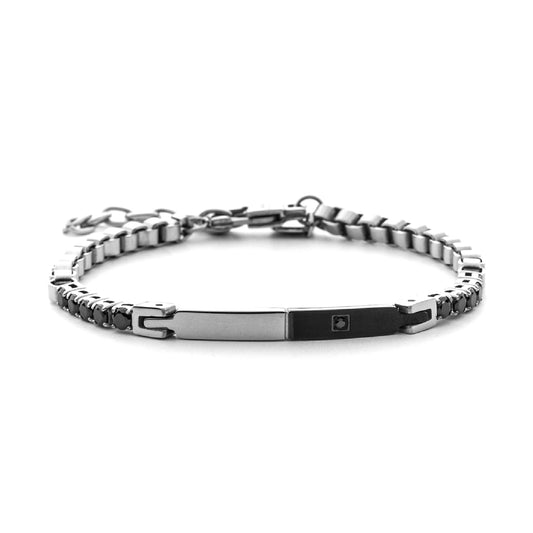 Bracciale da uomo Paciotti 4US in acciaio targa e zirconi neri Regolabile 18-22 cm