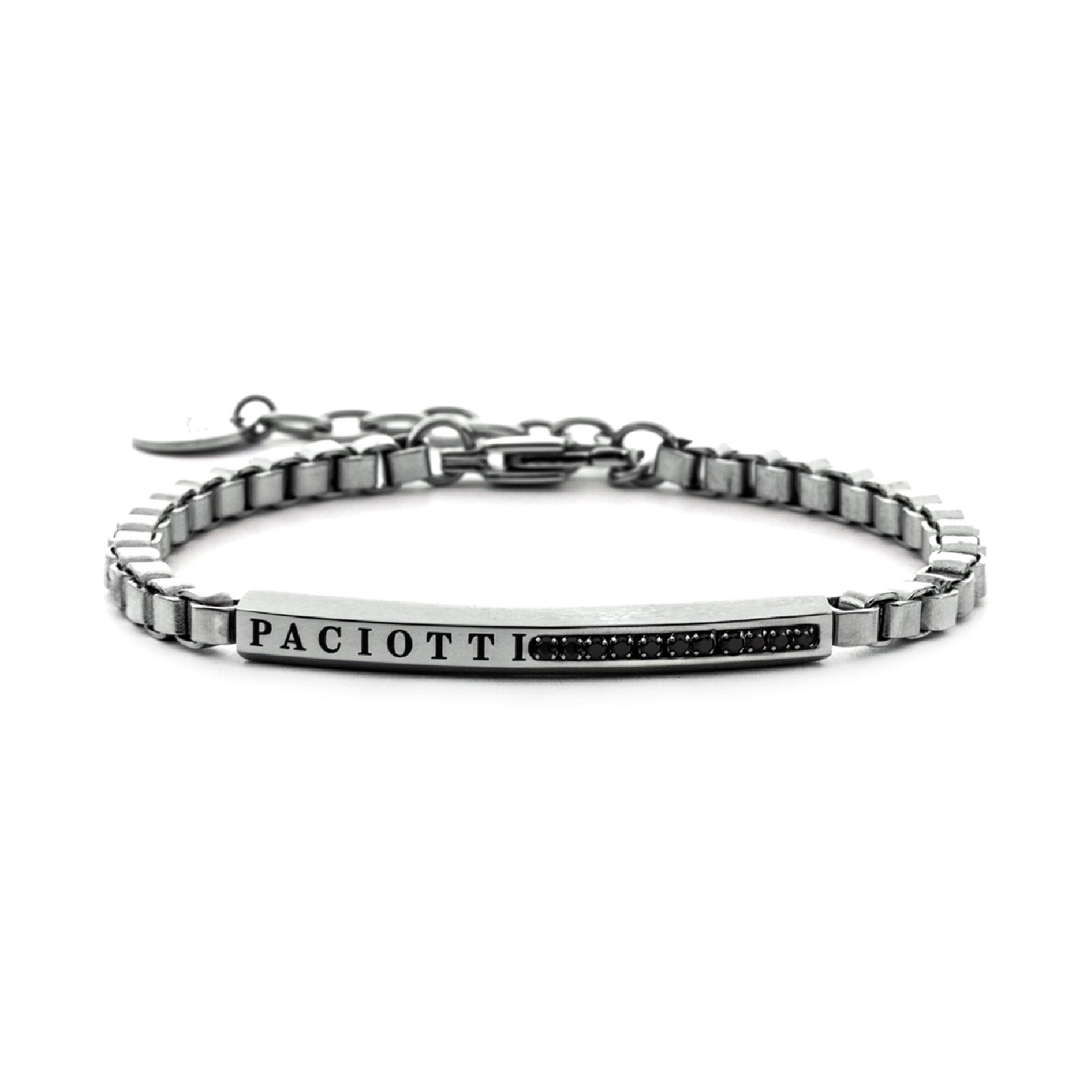 Bracciale da uomo Paciotti 4US in acciaio logo e zirconi neri Regolabile 18-22 cm