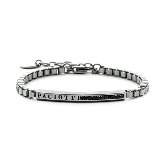 Bracciale da uomo Paciotti 4US in acciaio logo e zirconi neri Regolabile 18-22 cm
