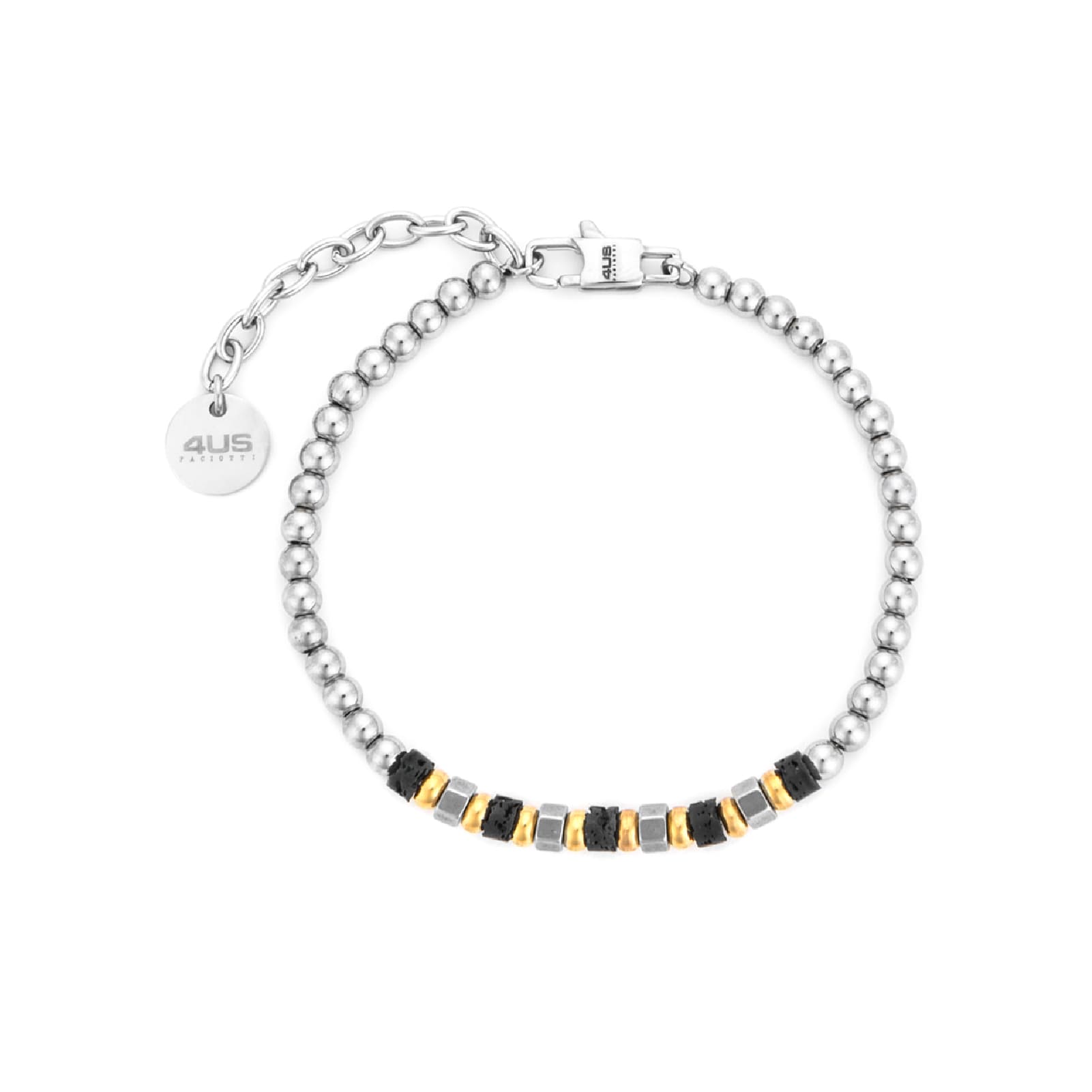 Bracciale Paciotti 4US acciaio pvd oro e pietra lava nera Regolabile 18-21 cm