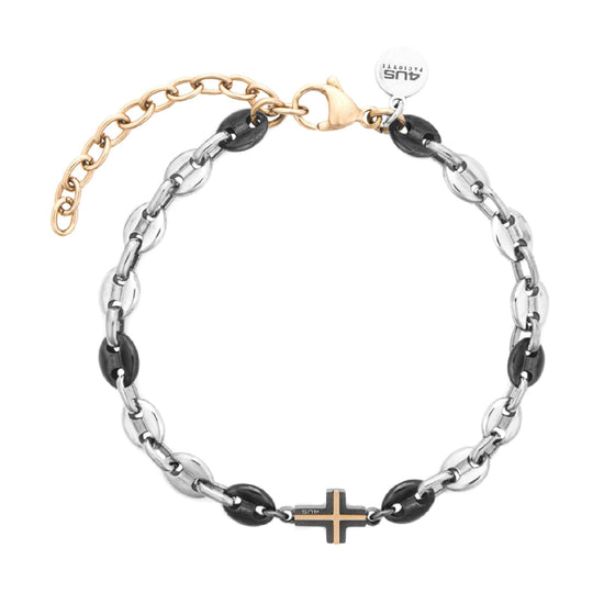 Bracciale Paciotti 4US acciaio pvd gun e oro rosa con croce 23 cm