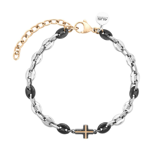 Bracciale Paciotti 4US acciaio pvd gun e oro rosa con croce 23 cm