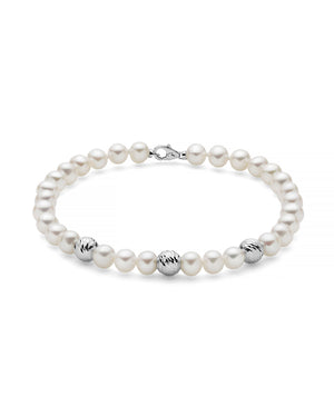 Bracciale con perle da donna Miluna Perle 375 in oro bianco 9kt con tre boule e filo di perle 5/5,5 PBR3513BX