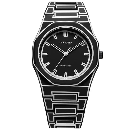 Orologio uomo solo tempo D1 Milano Polycarbon policarbonato nero linee bianche 40,5mm PCBJ33-1