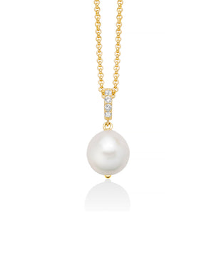 Collana con pendente da donna Miluna Giochi di Perle in argento 925 dorato con 4 topazi bianchi 0,16ct e una perla 12/14 PCL6538G