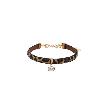 Bracciale Rue Des Mille Alma in pelle leopardata con zircone 18,5 cm
