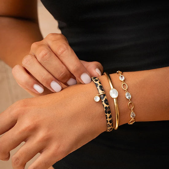 Bracciale Rue Des Mille Alma in pelle leopardata con zircone 18,5 cm