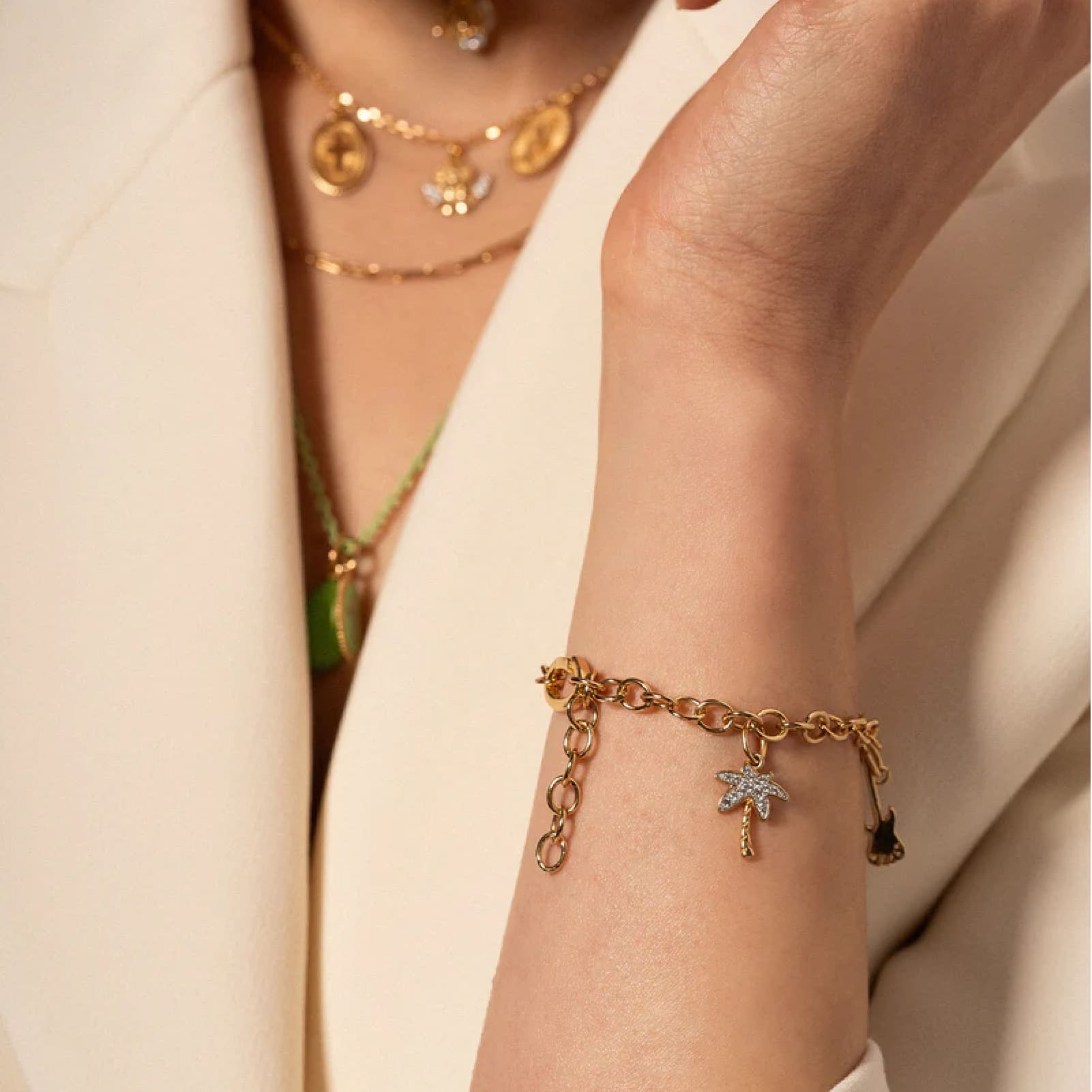 Charm Bar Rue Des Mille argento dorato a palma con zirconi MISURA UNICA