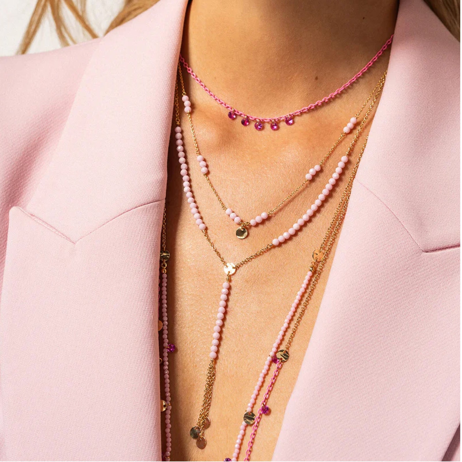 Collana Rue Des Mille argento con vernice e 5 zirconi rosa
