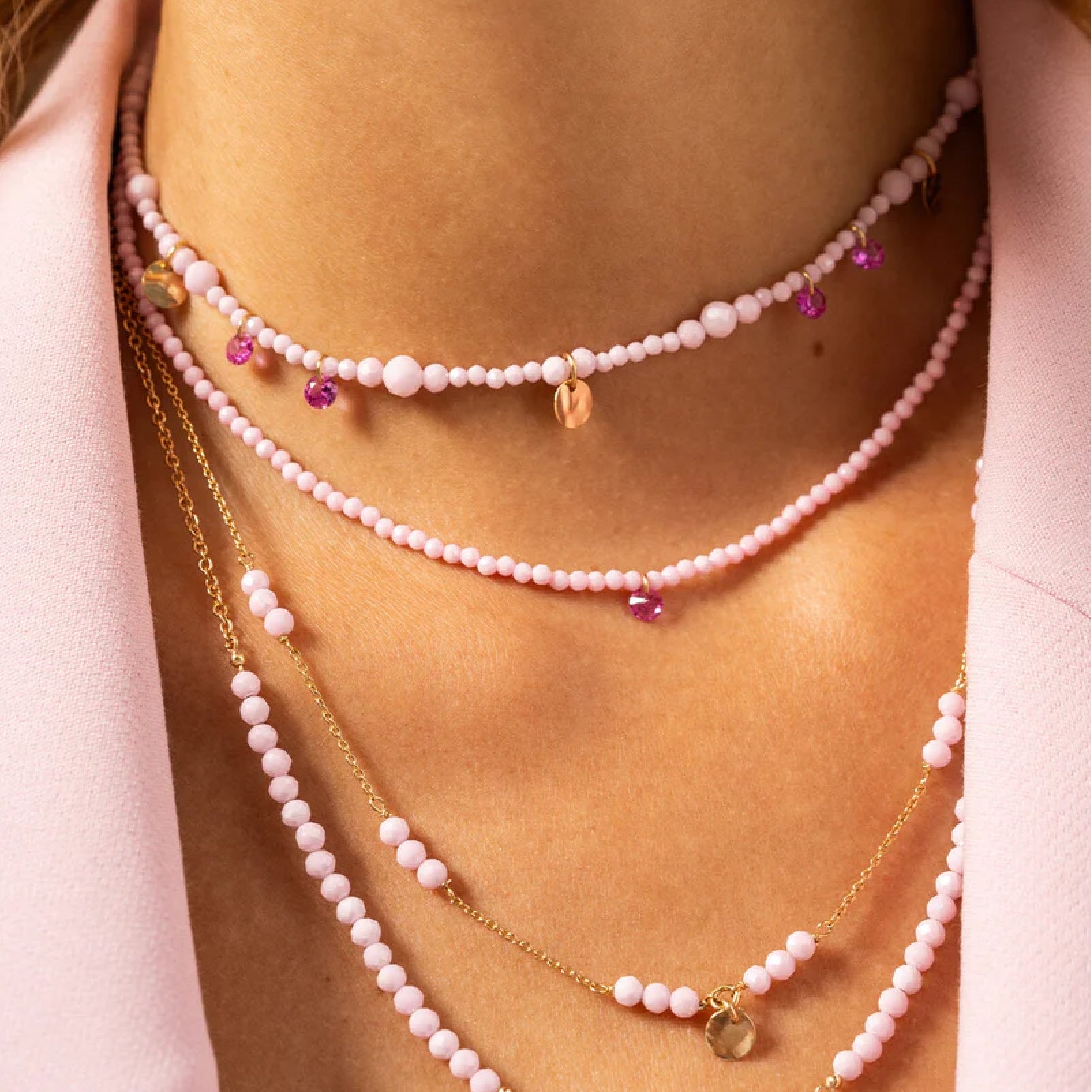 Collana Rue Des Mille in argento zirconi rosa e medagliette