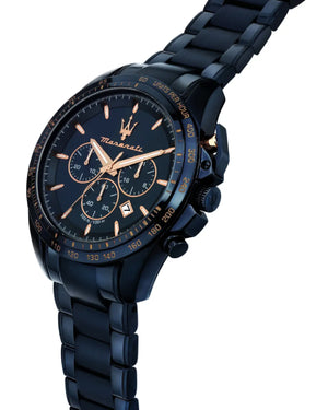 Orologio cronografo della collezione Maserati Traguardo Blue Edition da uomo con cassa 45mm e bracciale in acciaio pvd blu R8873612054