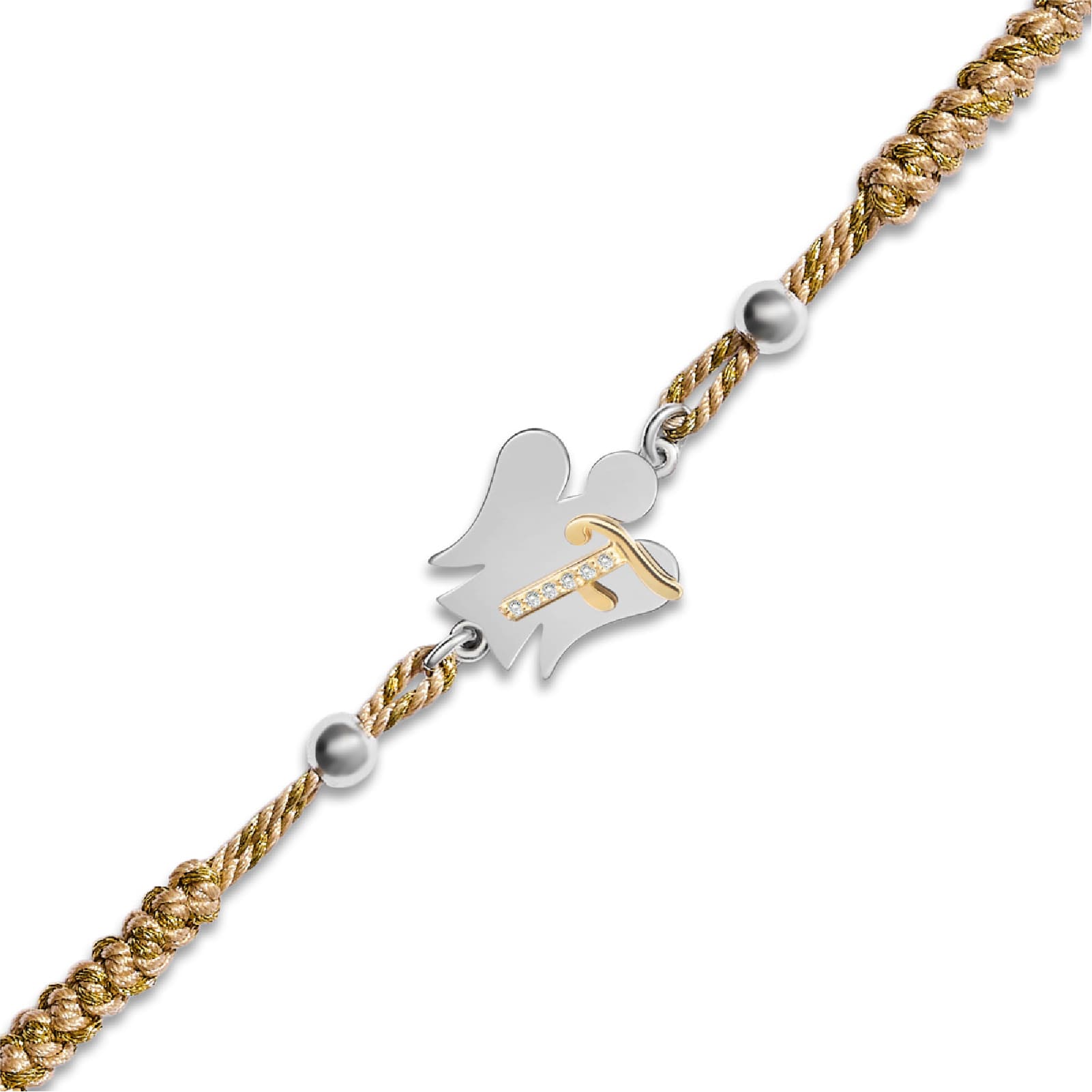 Bracciale Giannotti in corda beige con angelo e lettera F REGOLABILE
